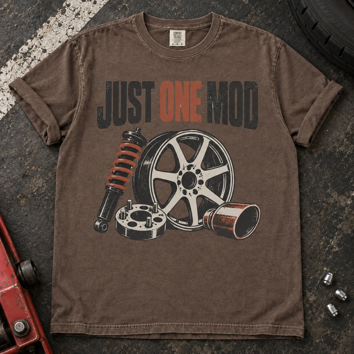 Espresso car enthusiast T-shirt. A wheel, suspension and intake parts tempt the owner into just one mod.