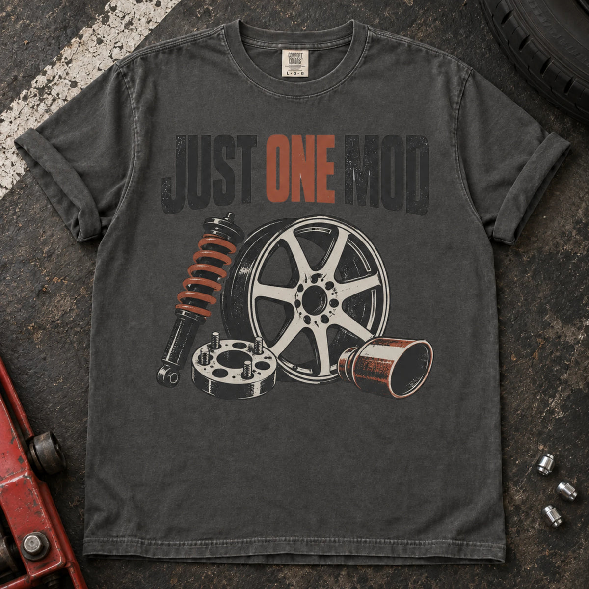 Pepper car enthusiast T-shirt. A wheel, suspension and intake parts tempt the owner into just one mod.