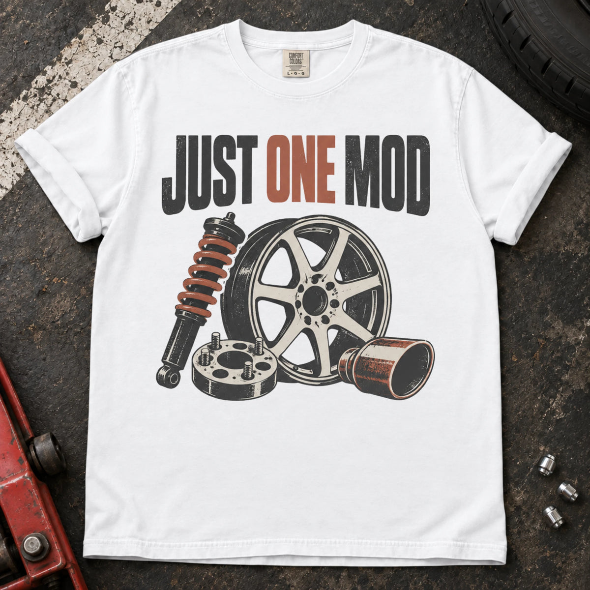 White car enthusiast T-shirt. A wheel, suspension and intake parts tempt the owner into just one mod.