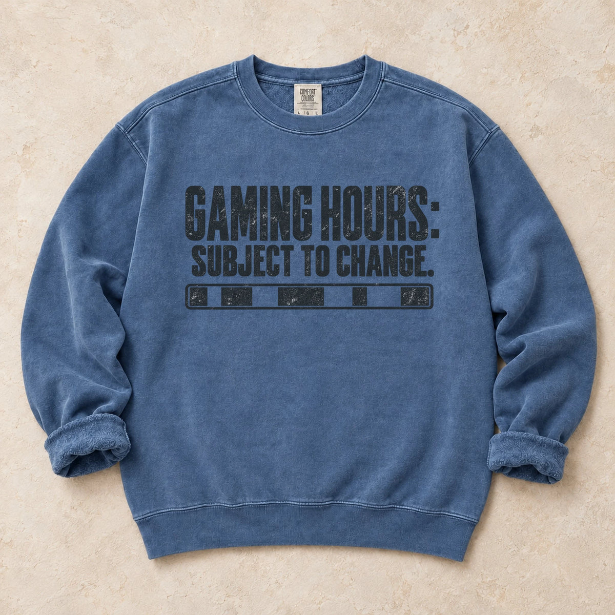 Blue Jean gaming sweatshirt. A row of status bars marks gaming hours subject to change.