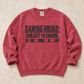 Crimson gaming sweatshirt. A row of status bars marks gaming hours subject to change.