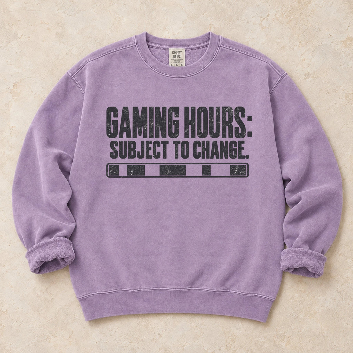 Orchid gaming sweatshirt. A row of status bars marks gaming hours subject to change.