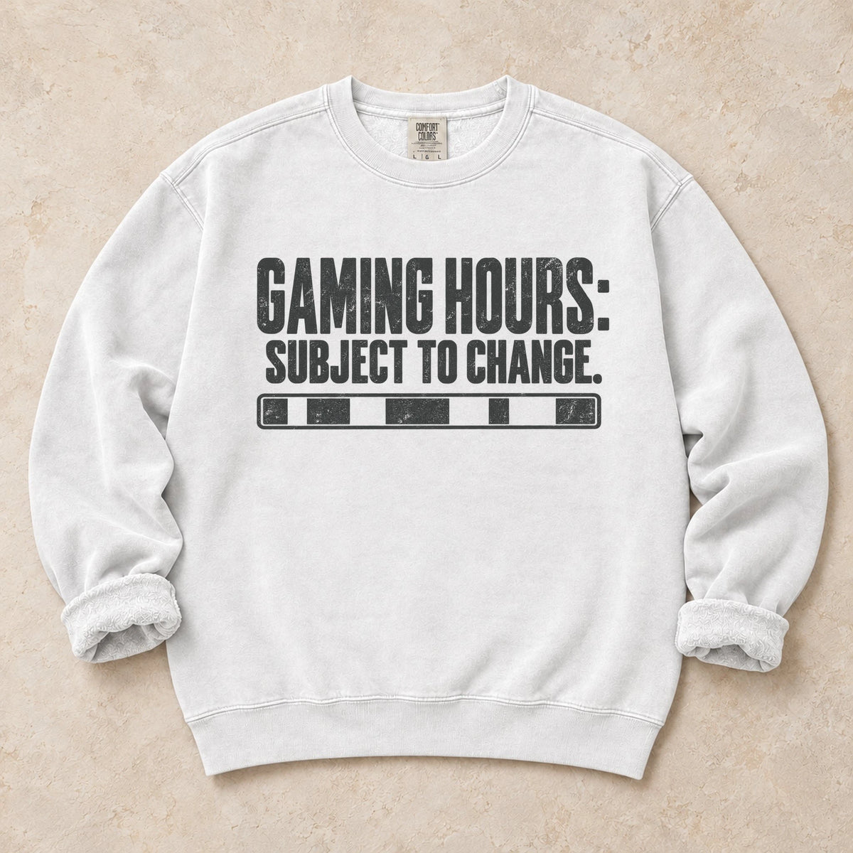White gaming sweatshirt. A row of status bars marks gaming hours subject to change.