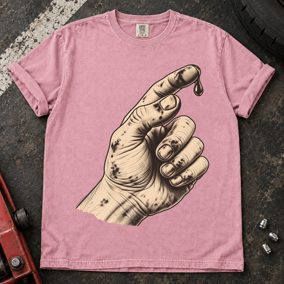 Blossom car enthusiast T-shirt. An oily hand examines a drop of fluid in a text-free maintenance illustration.