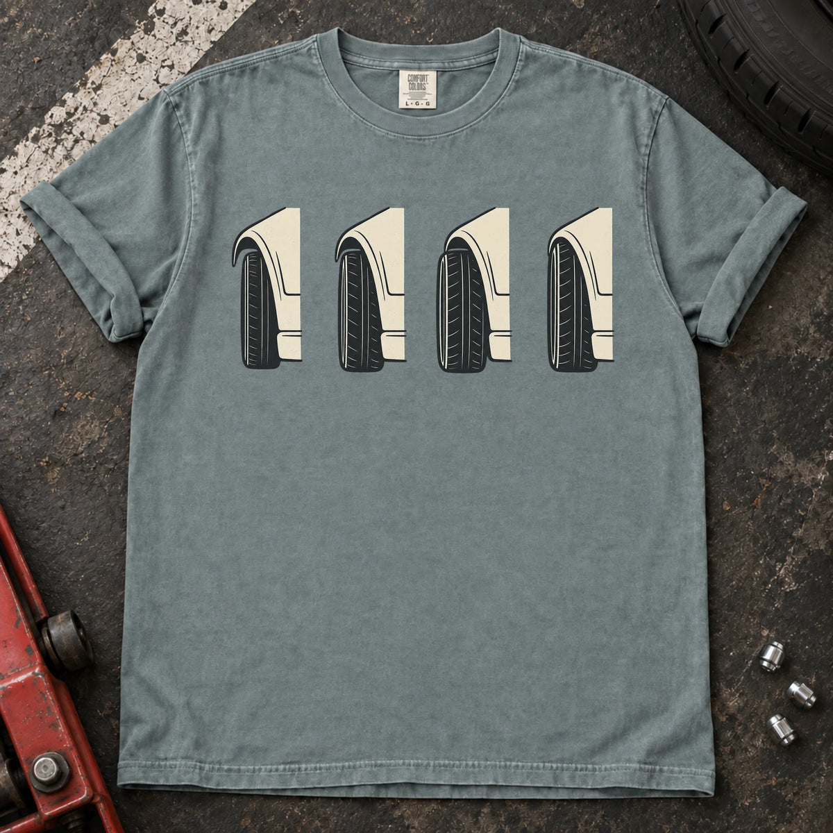 Bay car enthusiast T-shirt. Four wheel-and-fender profiles explore the visual details of fitment.
