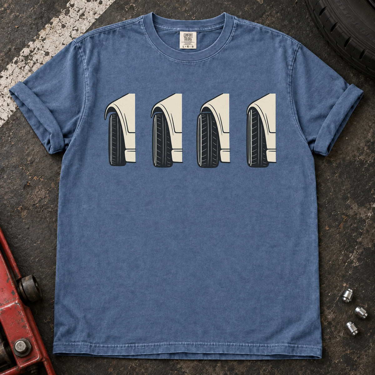 Blue Jean car enthusiast T-shirt. Four wheel-and-fender profiles explore the visual details of fitment.