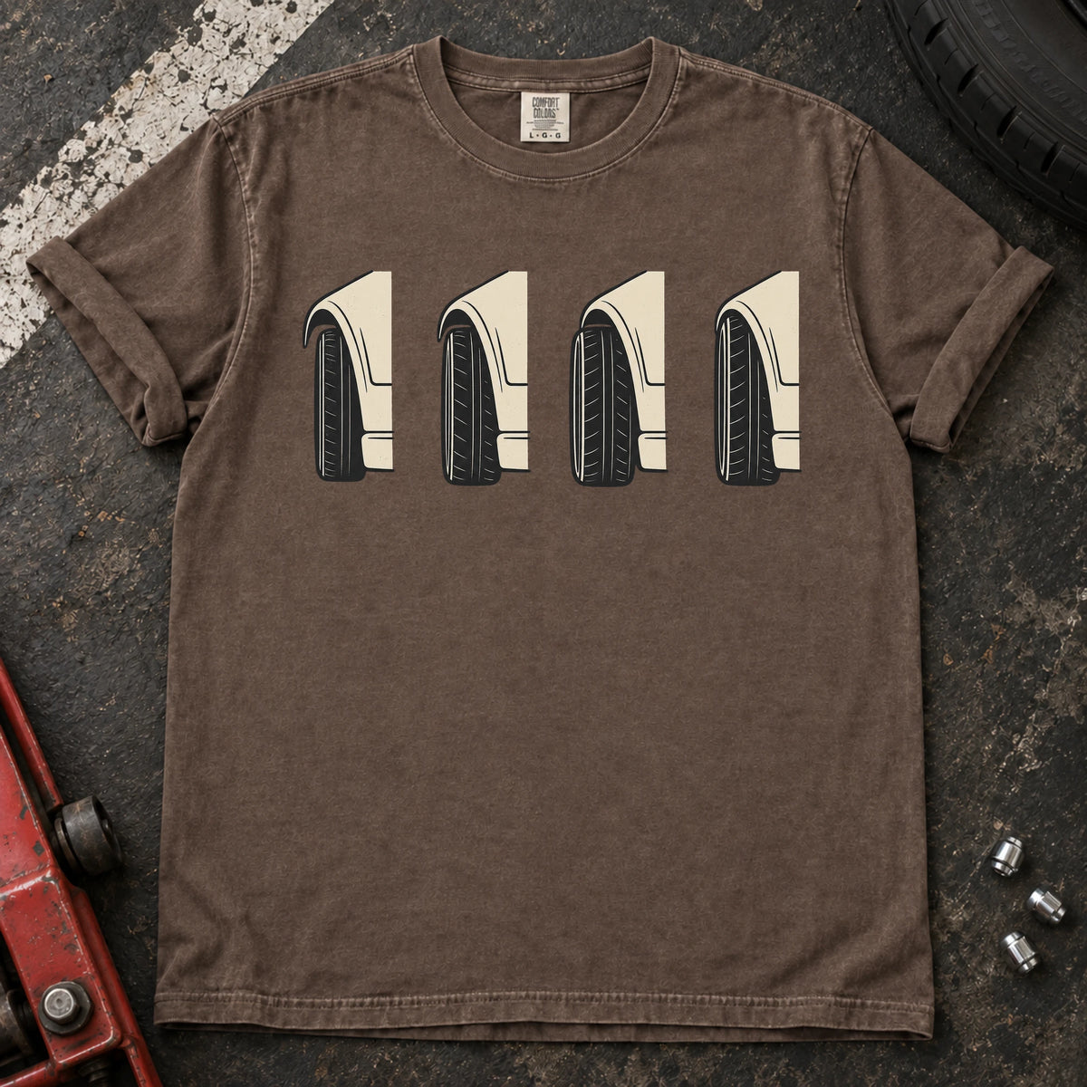 Espresso car enthusiast T-shirt. Four wheel-and-fender profiles explore the visual details of fitment.