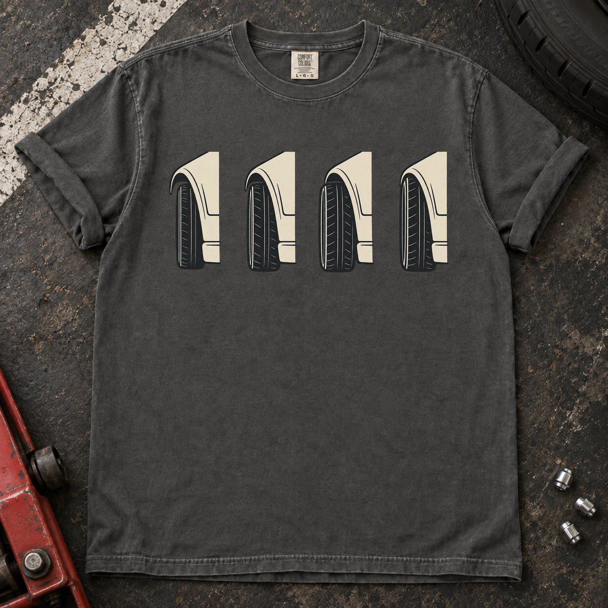 Pepper car enthusiast T-shirt. Four wheel-and-fender profiles explore the visual details of fitment.
