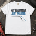 White car enthusiast T-shirt. A cornering line explains not aggressive, just engaged.