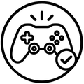 Gaming trust badge icon: game controller with approval check