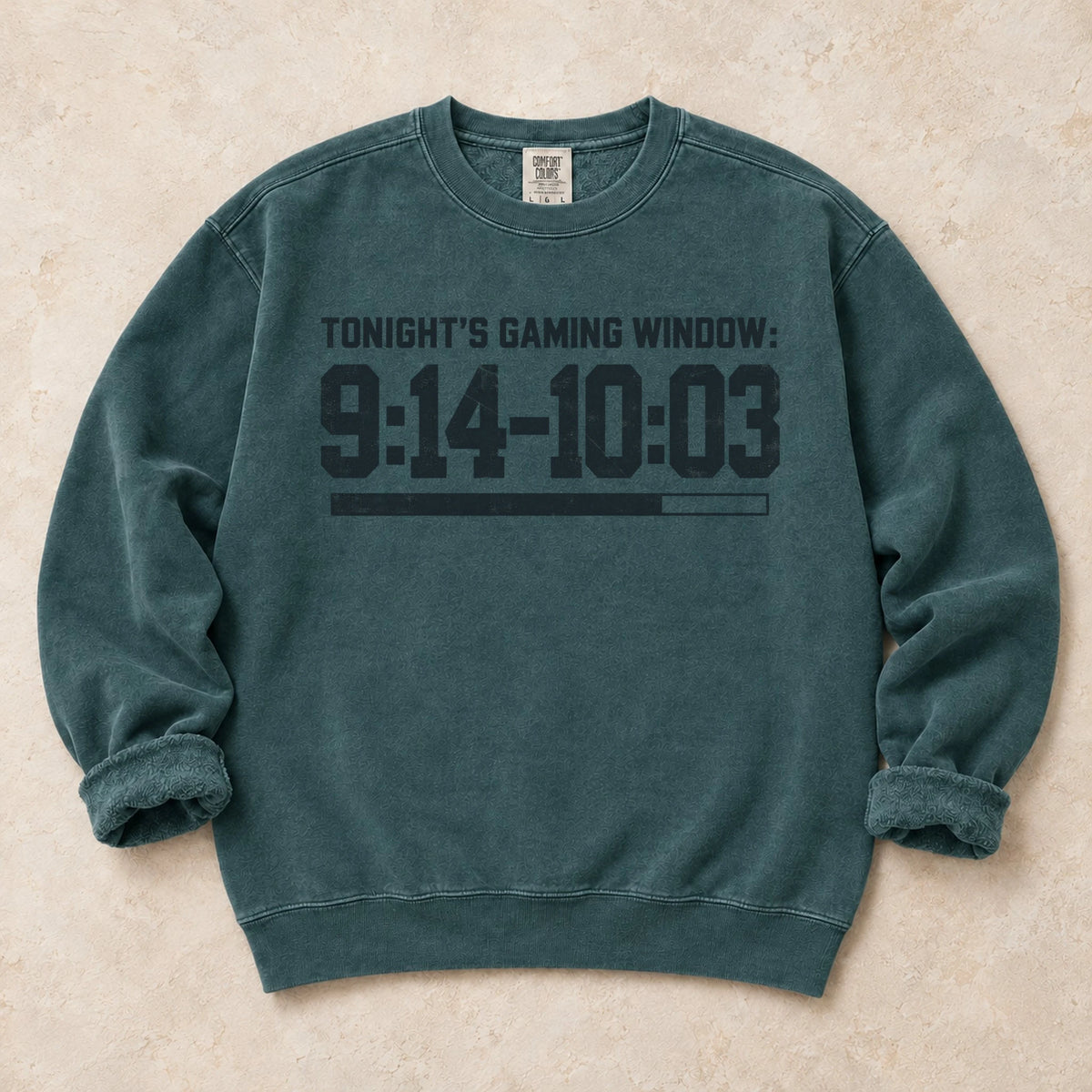 Blue Spruce gaming sweatshirt. Tonight's gaming window runs from 9:14 to 10:03.