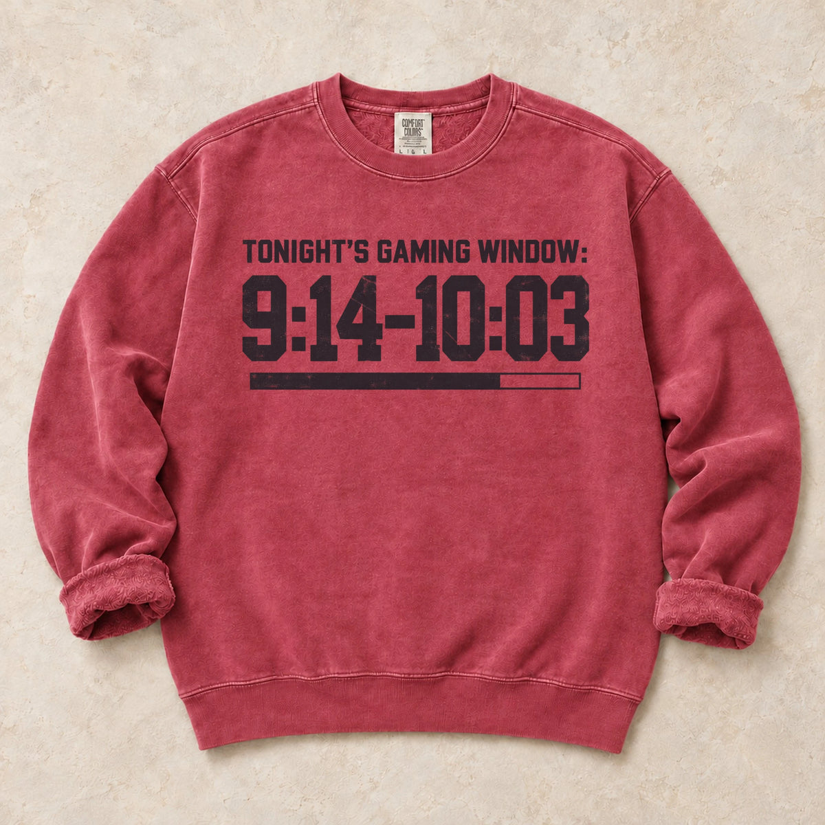 Crimson gaming sweatshirt. Tonight's gaming window runs from 9:14 to 10:03.