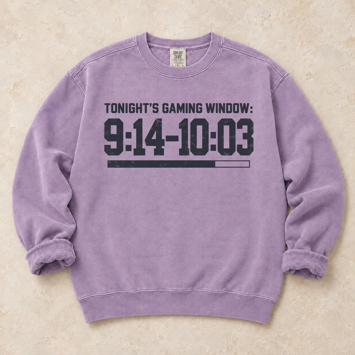 Orchid gaming sweatshirt. Tonight's gaming window runs from 9:14 to 10:03.