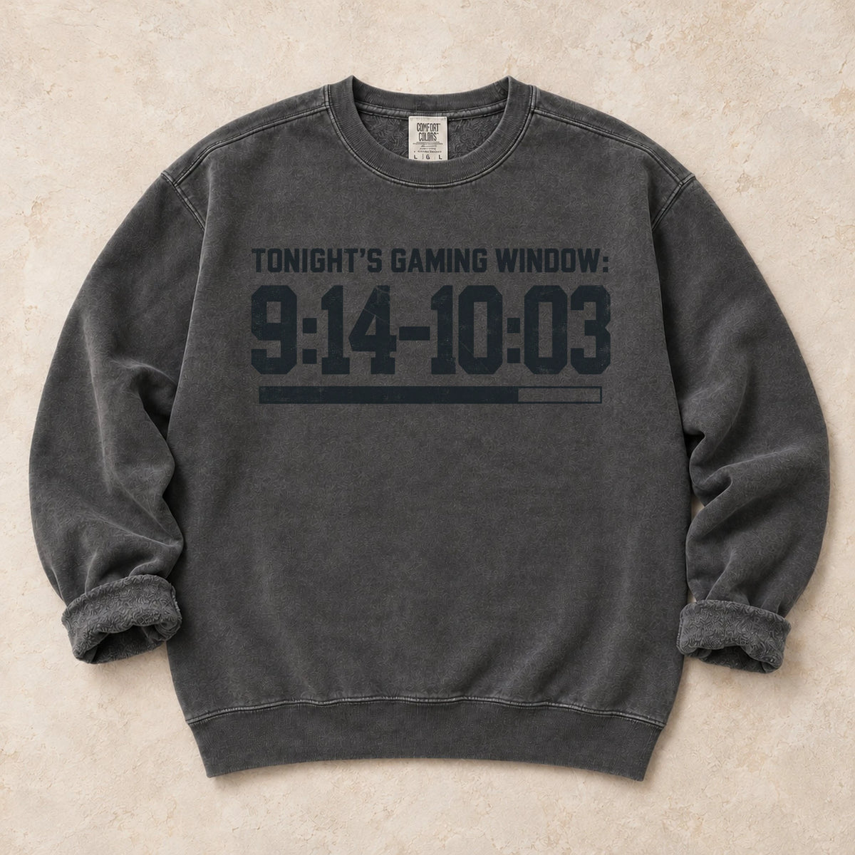 Pepper gaming sweatshirt. Tonight's gaming window runs from 9:14 to 10:03.
