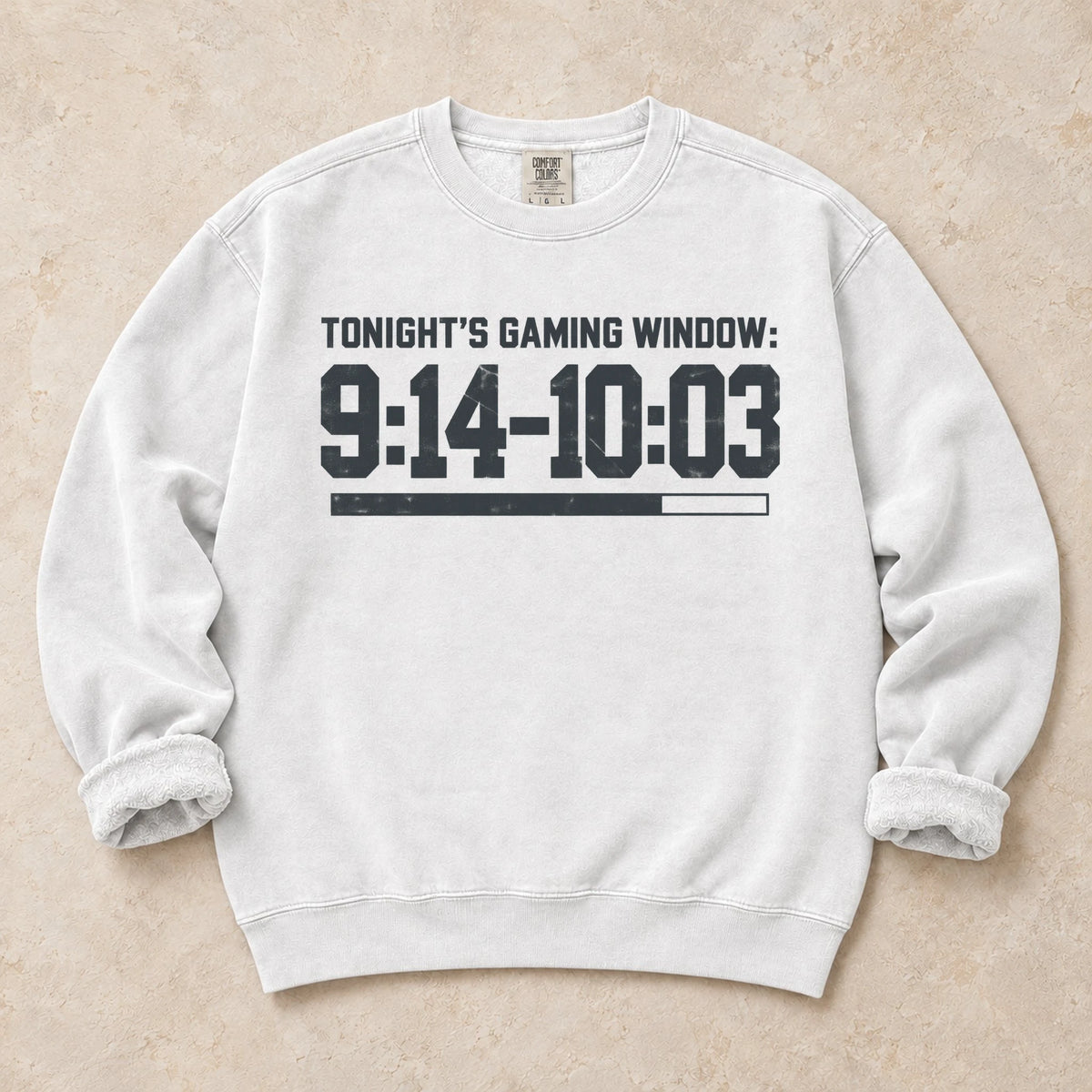 White gaming sweatshirt. Tonight's gaming window runs from 9:14 to 10:03.