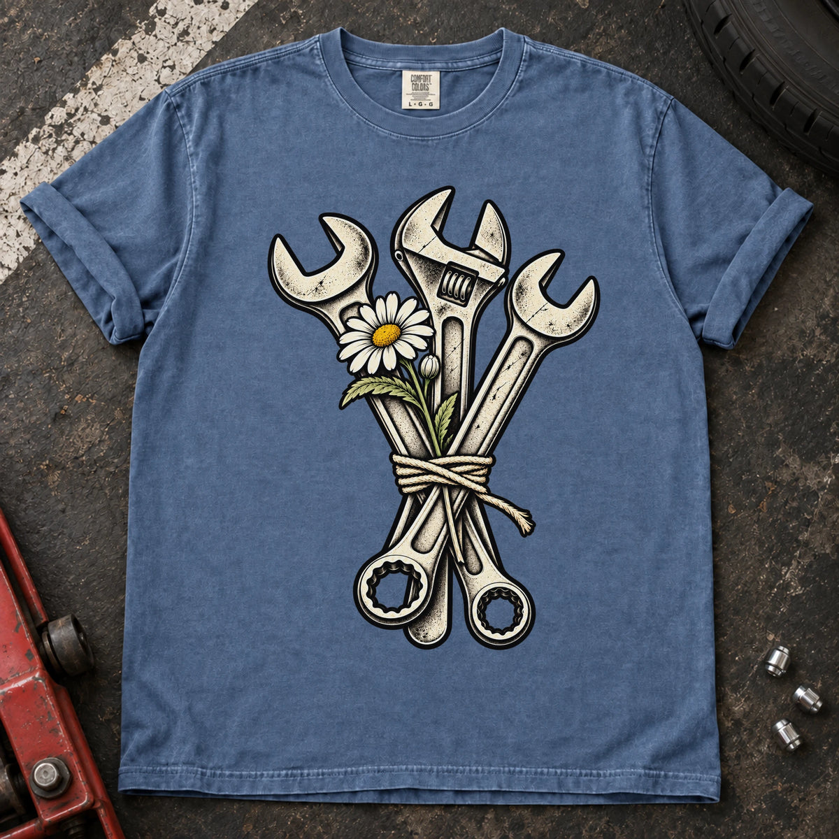 Blue Jean car enthusiast T-shirt. A bouquet of wrenches and a flower gives garage romance a mechanical twist.