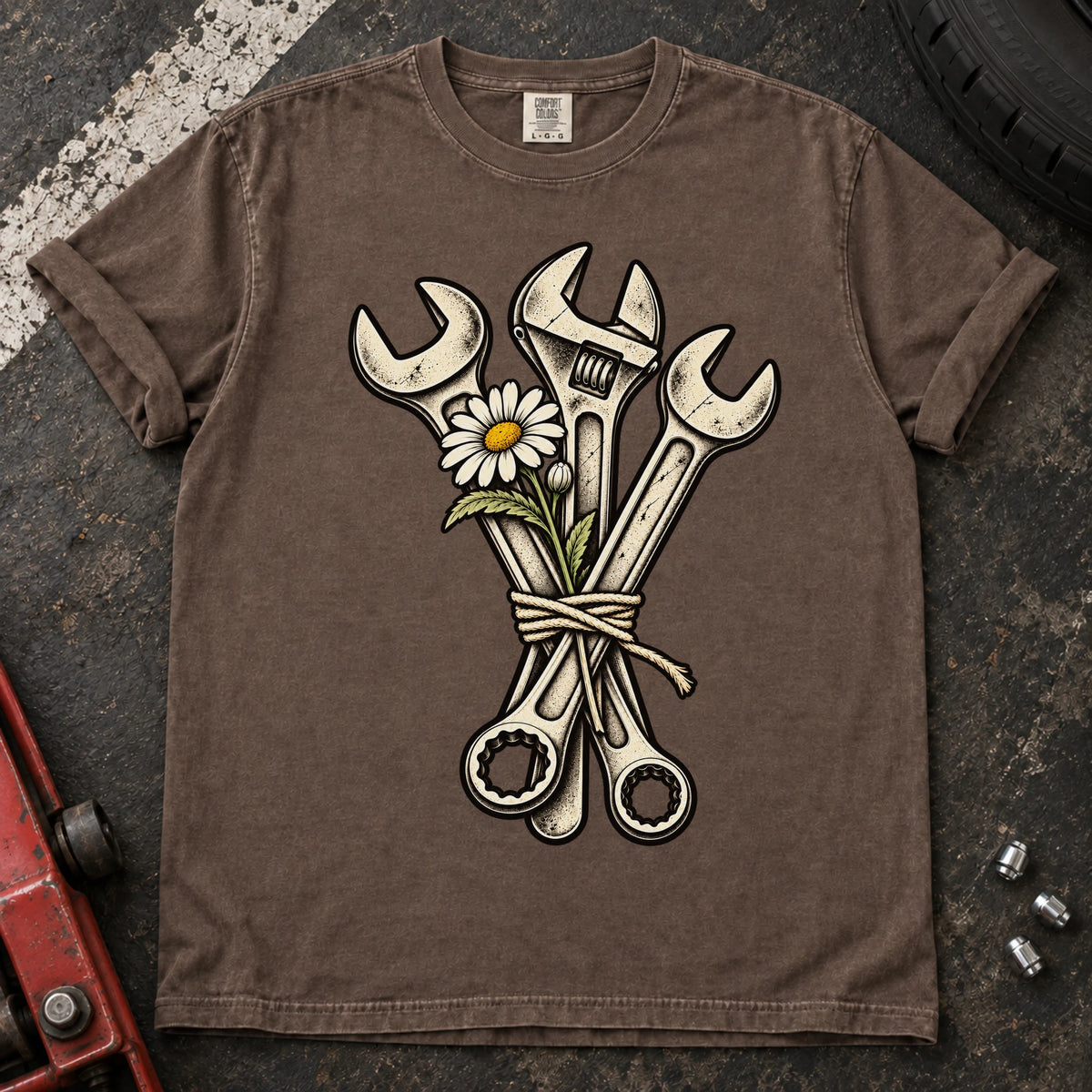 Espresso car enthusiast T-shirt. A bouquet of wrenches and a flower gives garage romance a mechanical twist.