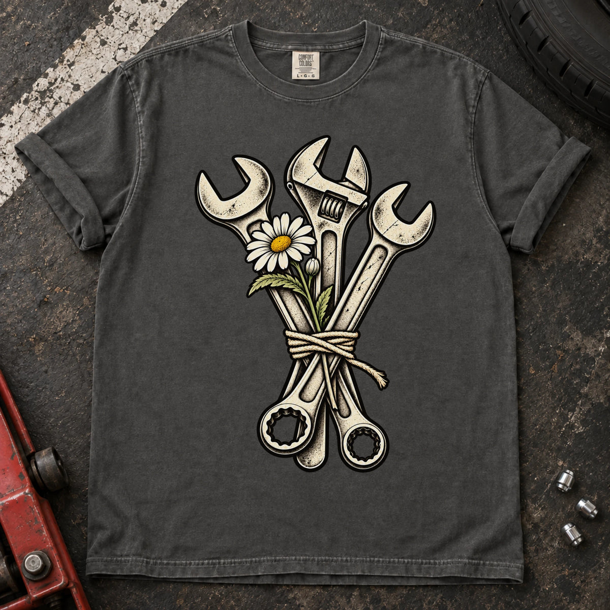 Pepper car enthusiast T-shirt. A bouquet of wrenches and a flower gives garage romance a mechanical twist.