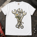 White car enthusiast T-shirt. A bouquet of wrenches and a flower gives garage romance a mechanical twist.