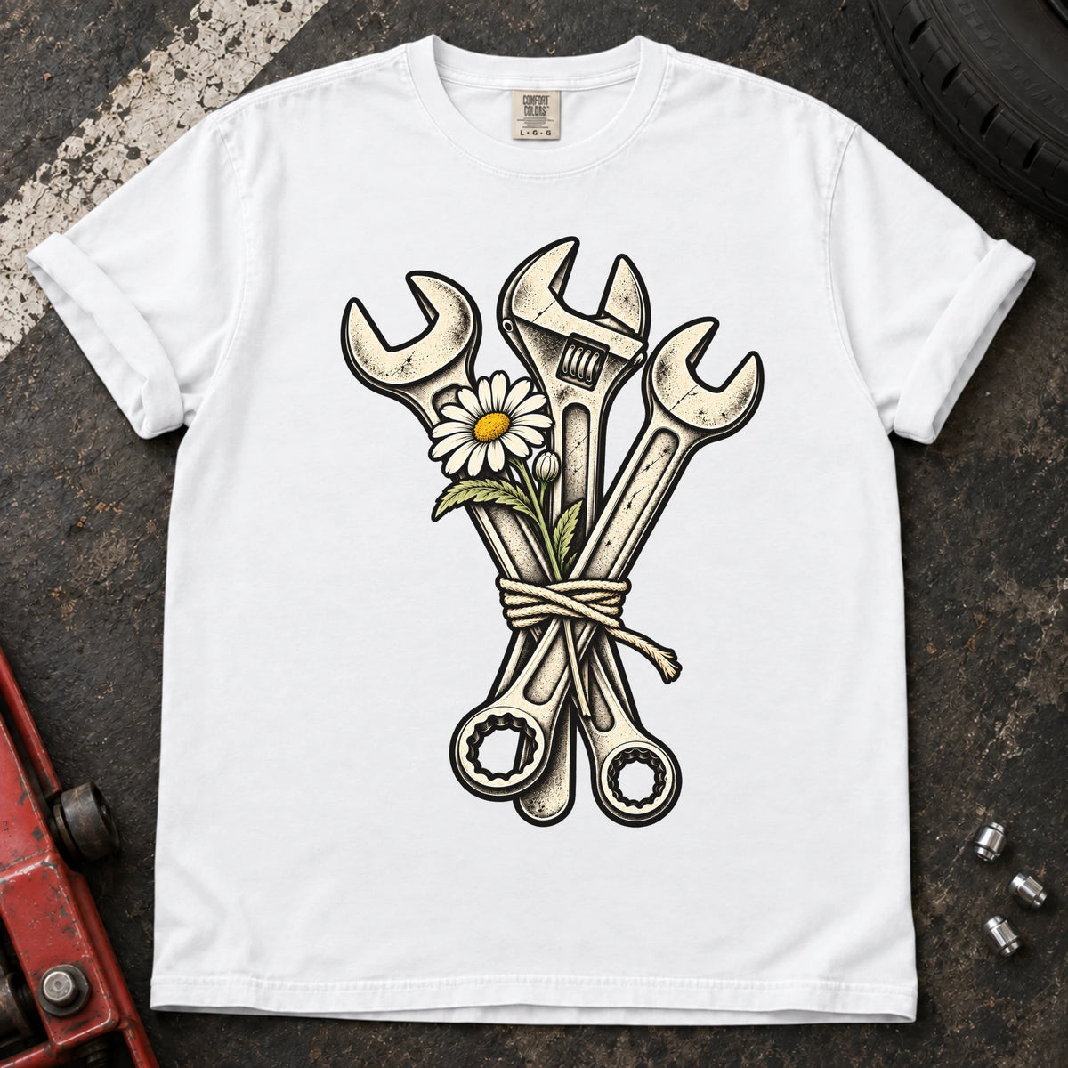 White car enthusiast T-shirt. A bouquet of wrenches and a flower gives garage romance a mechanical twist.