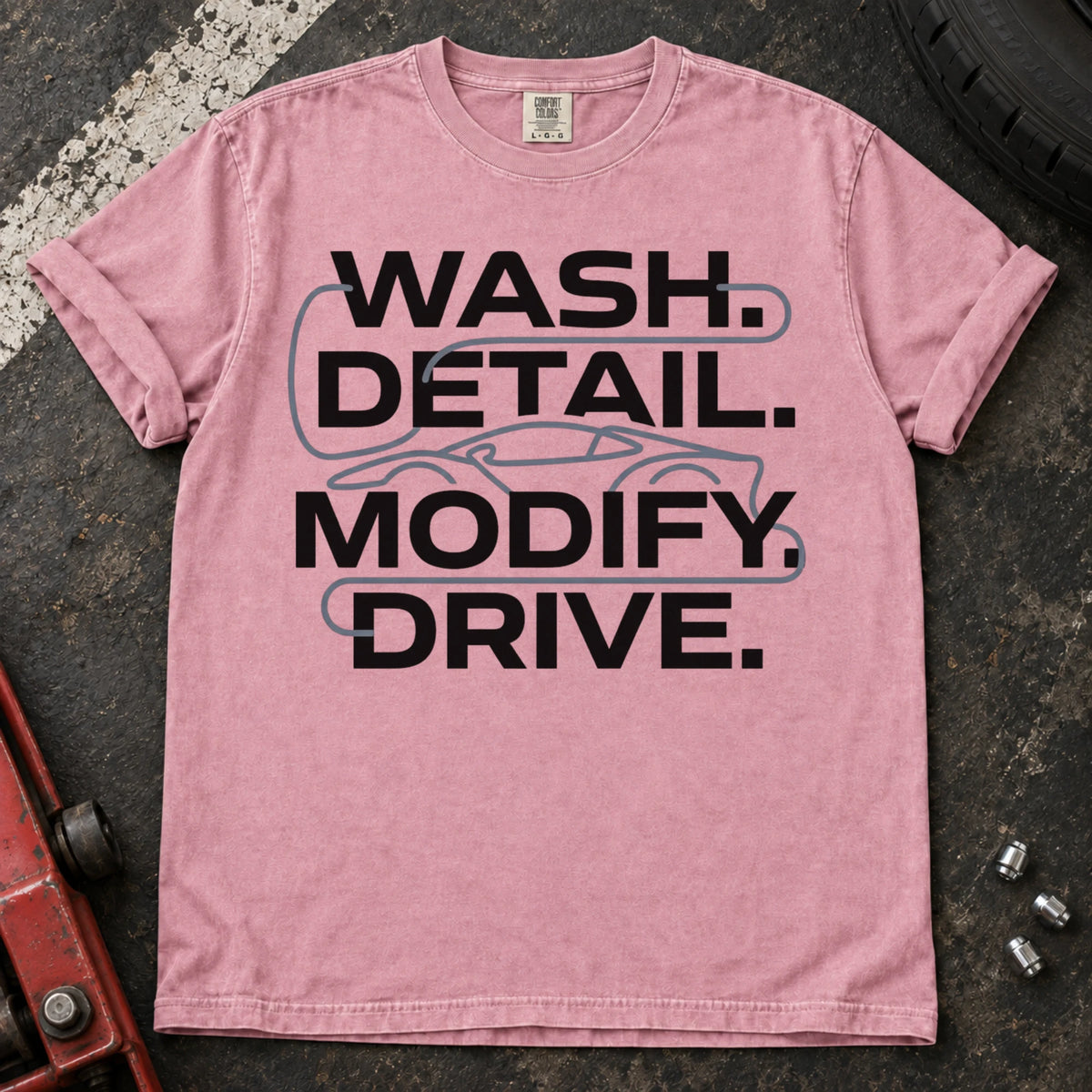 Blossom car enthusiast T-shirt. A car outline connects wash, detail, modify and drive.