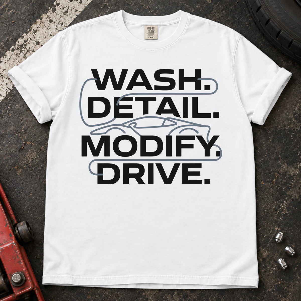 White car enthusiast T-shirt. A car outline connects wash, detail, modify and drive.