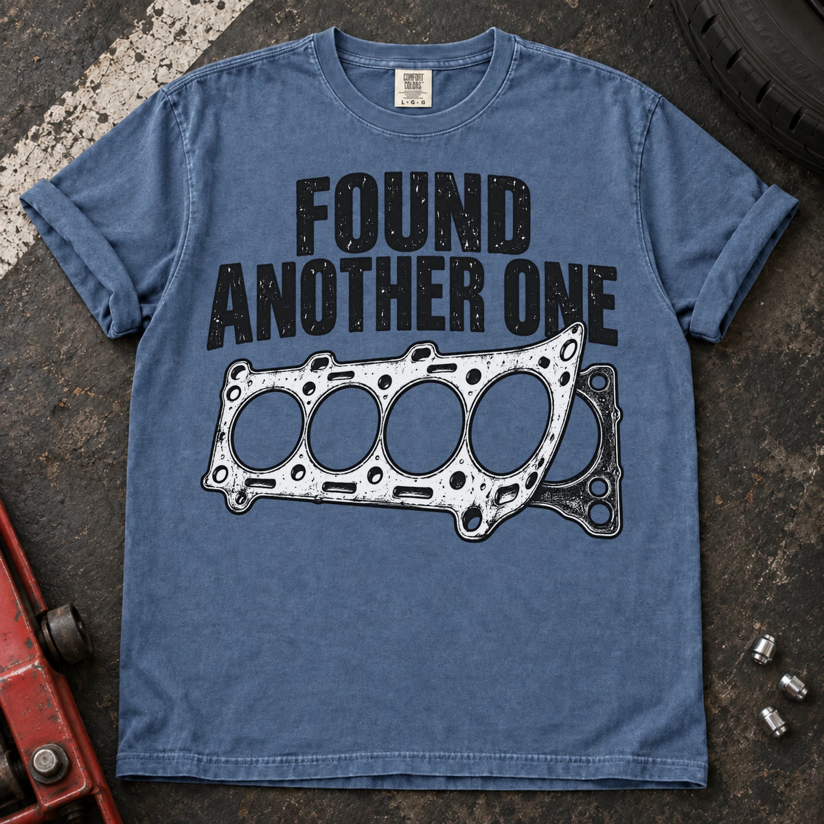 Blue Jean car enthusiast T-shirt. Layered head gaskets and found another one lettering capture recurring repair humor.