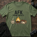 Military Green gaming T-shirt. A campfire, coffee and retro controller mark being AFK from society.