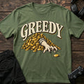 Military Green gaming T-shirt. A hand reaches greedily across a pile of gold coins.