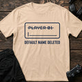 Natural gaming T-shirt. A player-name field deletes the default Player 01 identity.