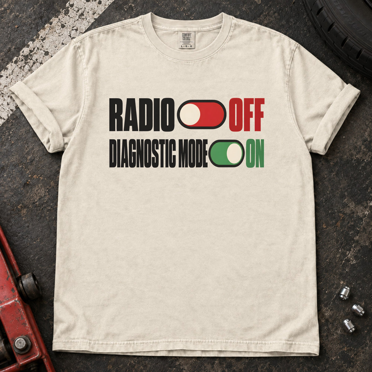 Ivory T-shirt with toggle switches labeled 'Radio off' and 'Diagnostic mode on'.