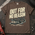 Espresso car enthusiast T-shirt. A car follows a winding road, out for no reason because it just felt right.