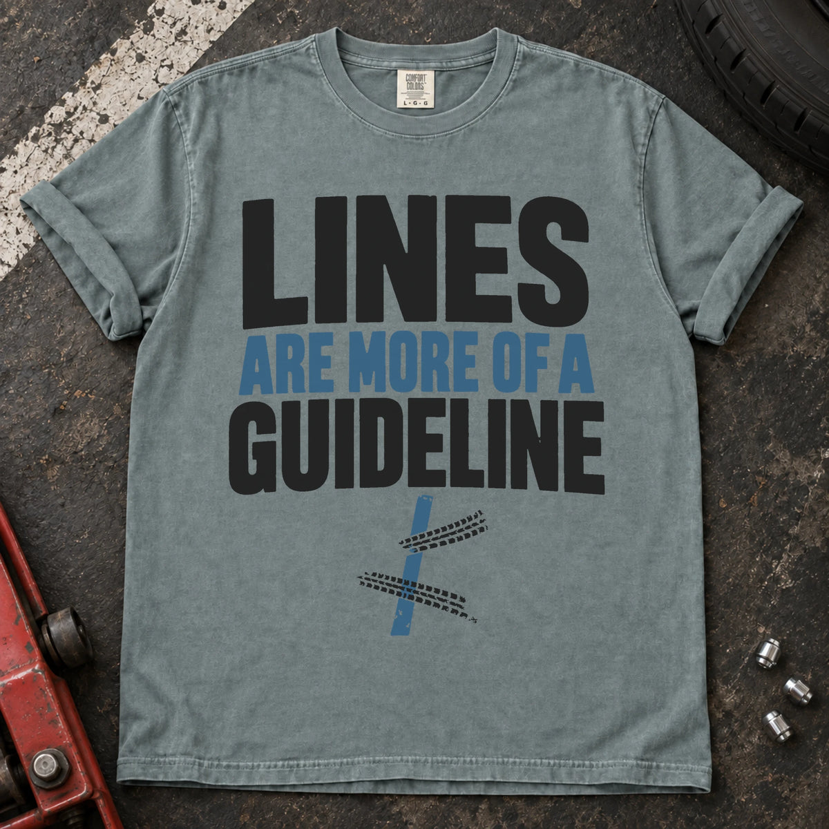 Bay car enthusiast T-shirt. A road line and tire tracks argue lines are more of a guideline.