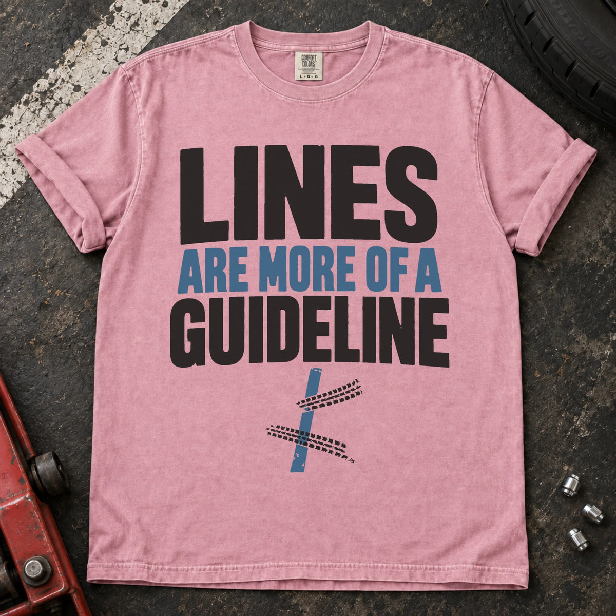 Blossom car enthusiast T-shirt. A road line and tire tracks argue lines are more of a guideline.