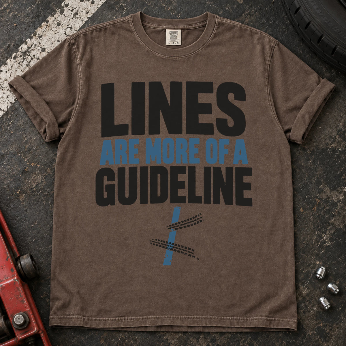 Espresso car enthusiast T-shirt. A road line and tire tracks argue lines are more of a guideline.