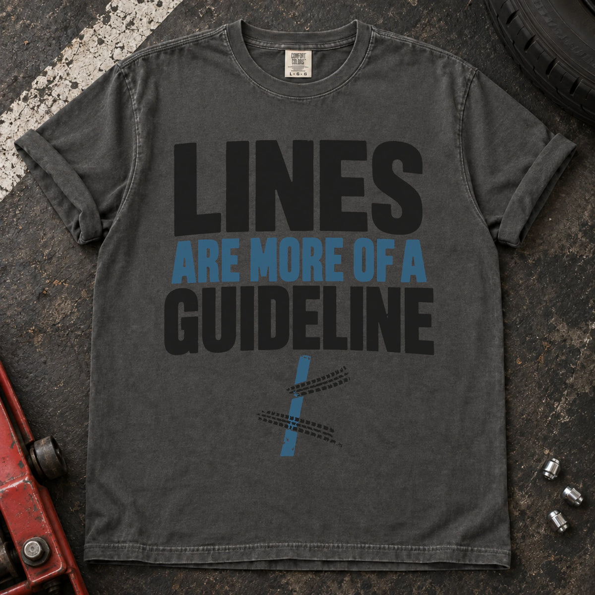 Pepper car enthusiast T-shirt. A road line and tire tracks argue lines are more of a guideline.