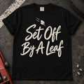 Black car enthusiast T-shirt. A falling leaf accompanies set off by a leaf.