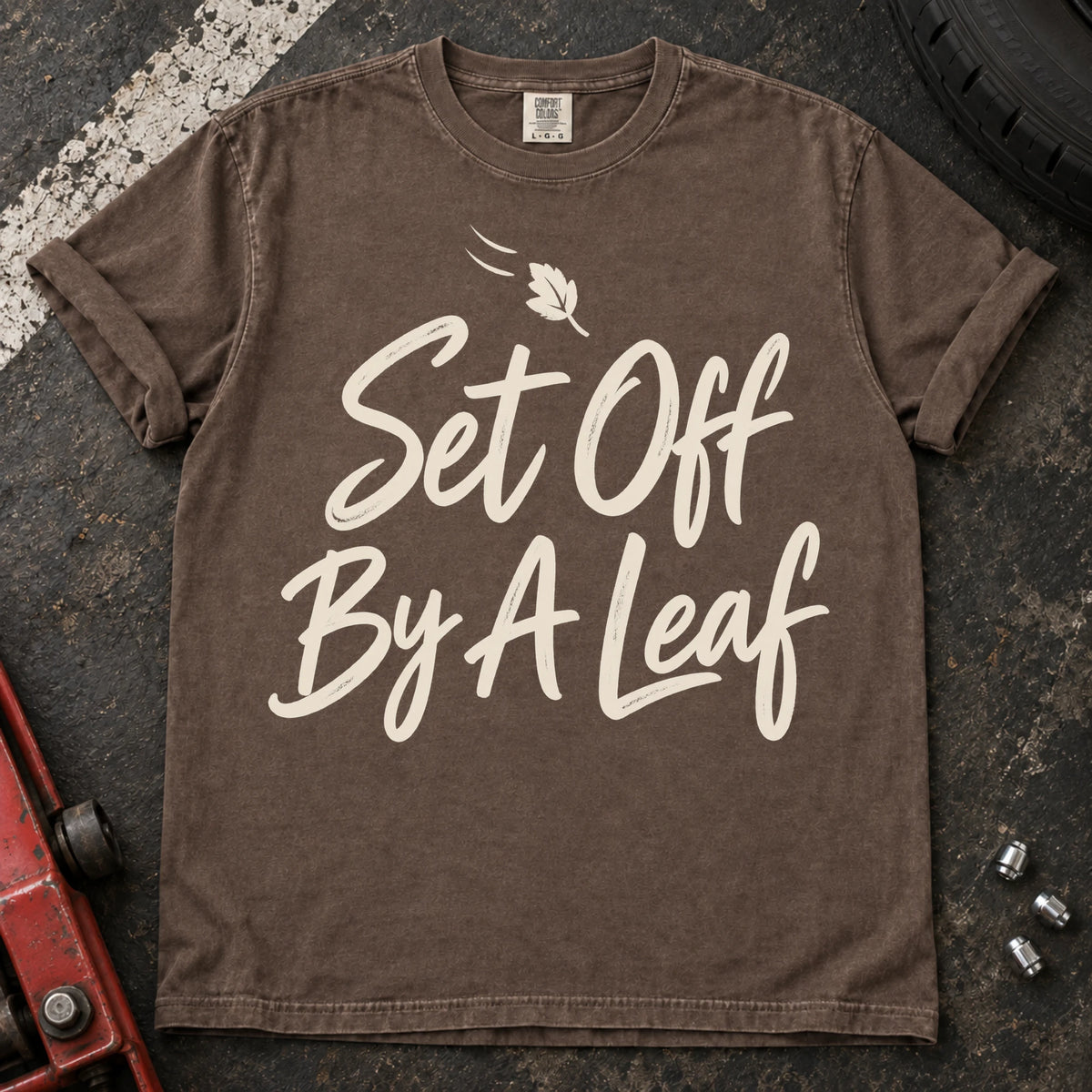 Espresso car enthusiast T-shirt. A falling leaf accompanies set off by a leaf.