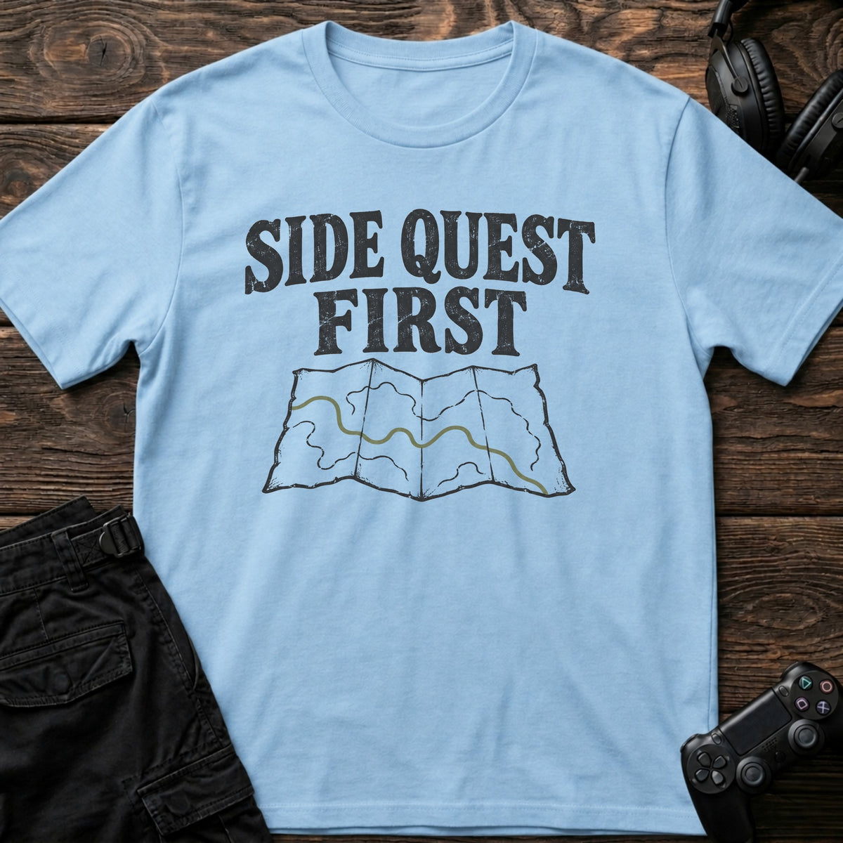 Light Blue gaming T-shirt. A marked map gives the side quest priority over everything else.