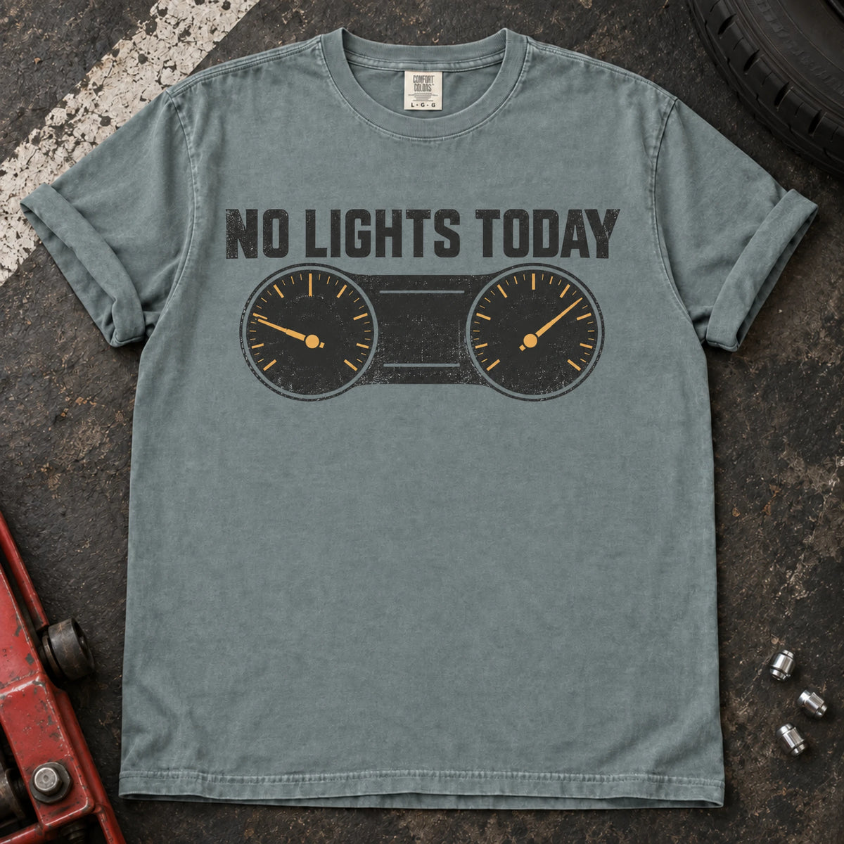 Bay car enthusiast T-shirt. A gauge cluster celebrates the rare dashboard victory, no lights today.