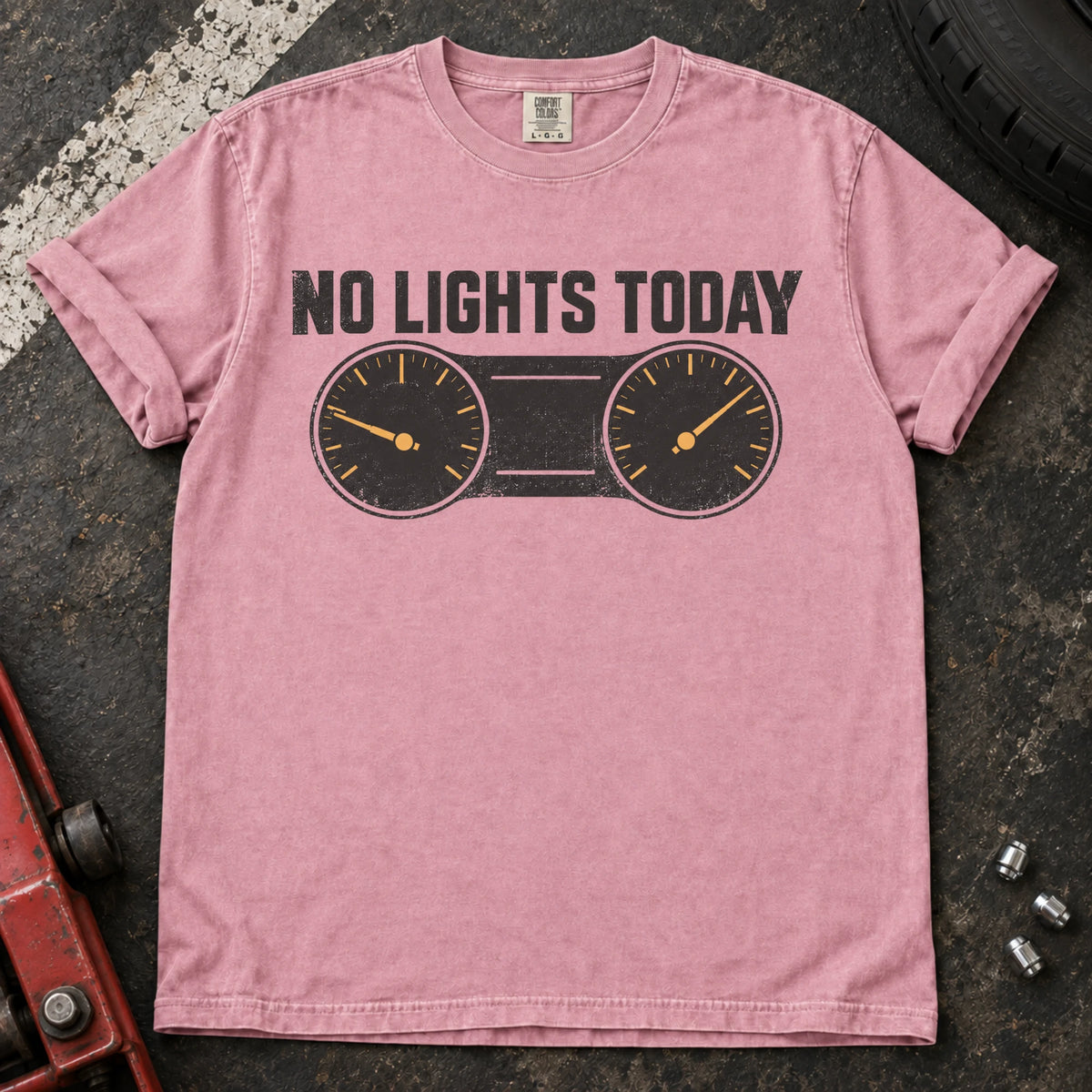 Blossom car enthusiast T-shirt. A gauge cluster celebrates the rare dashboard victory, no lights today.