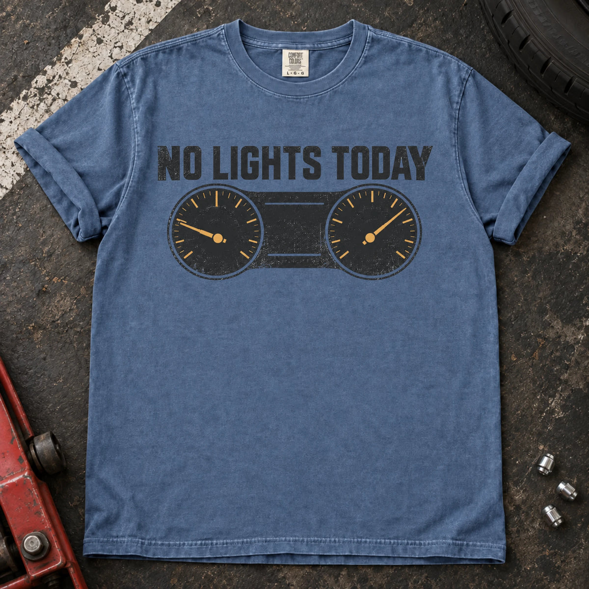Blue Jean car enthusiast T-shirt. A gauge cluster celebrates the rare dashboard victory, no lights today.