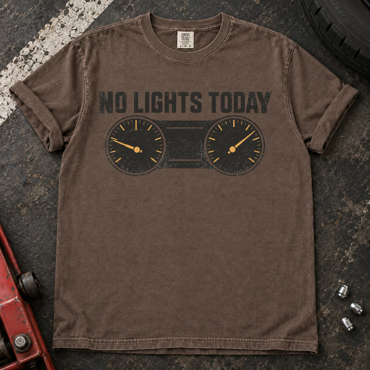 Espresso car enthusiast T-shirt. A gauge cluster celebrates the rare dashboard victory, no lights today.