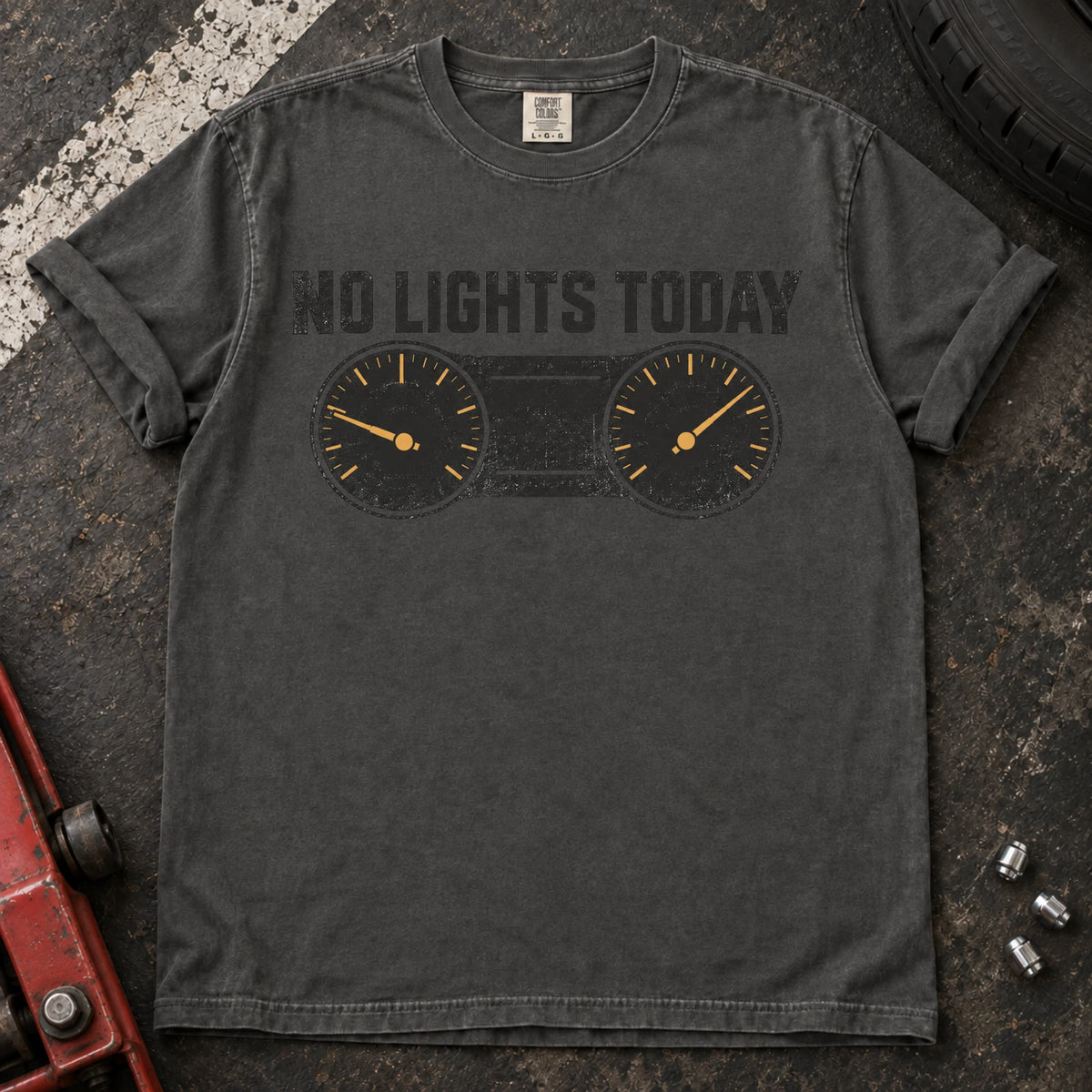 Pepper car enthusiast T-shirt. A gauge cluster celebrates the rare dashboard victory, no lights today.