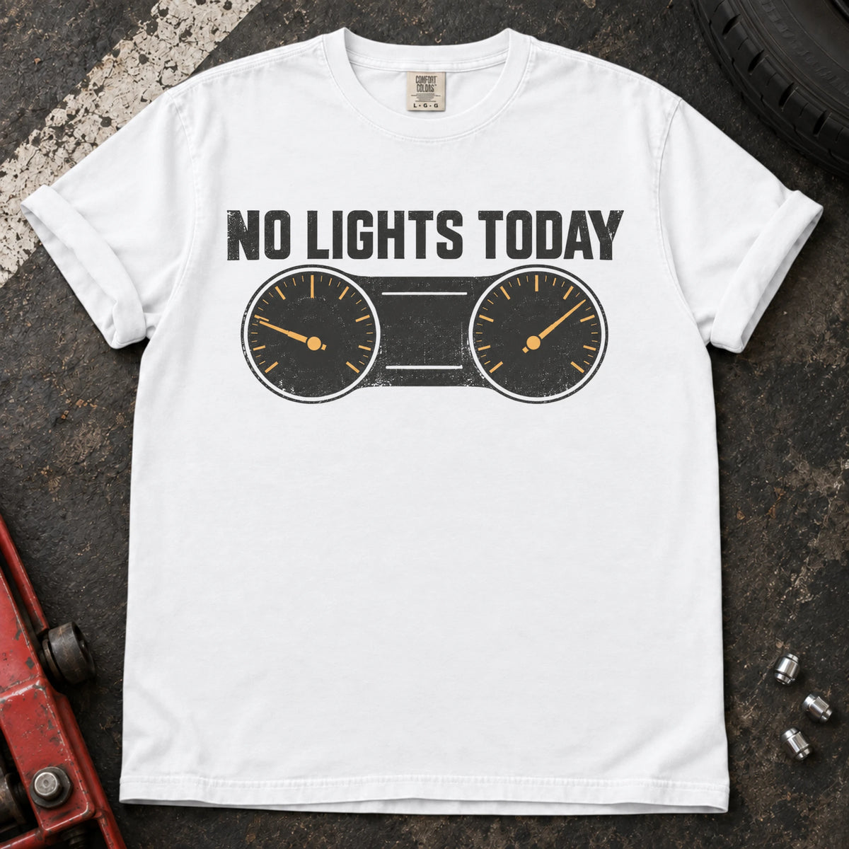 White car enthusiast T-shirt. A gauge cluster celebrates the rare dashboard victory, no lights today.