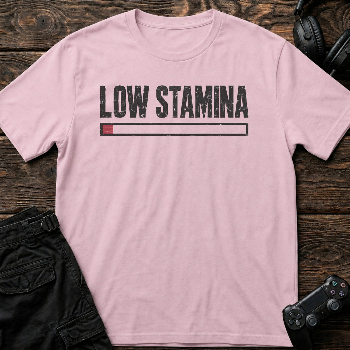 Light Pink gaming T-shirt. A nearly empty stamina bar captures the tired-player mood.