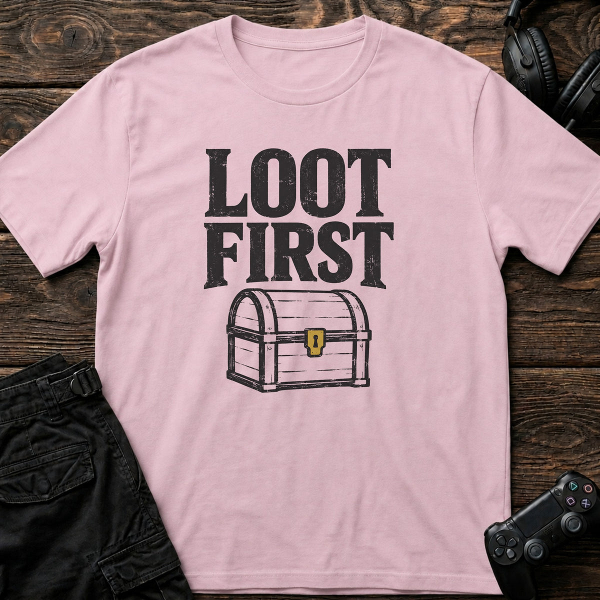 Light Pink gaming T-shirt. A treasure chest establishes the explorer's rule: loot first.