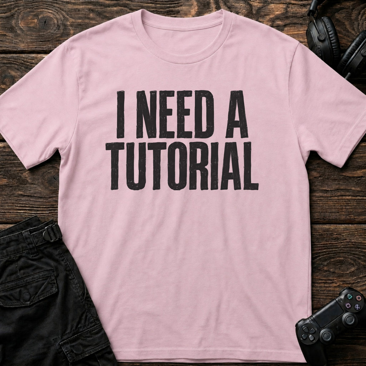 Light Pink gaming T-shirt. I need a tutorial: straightforward lettering for an honest gamer confession.
