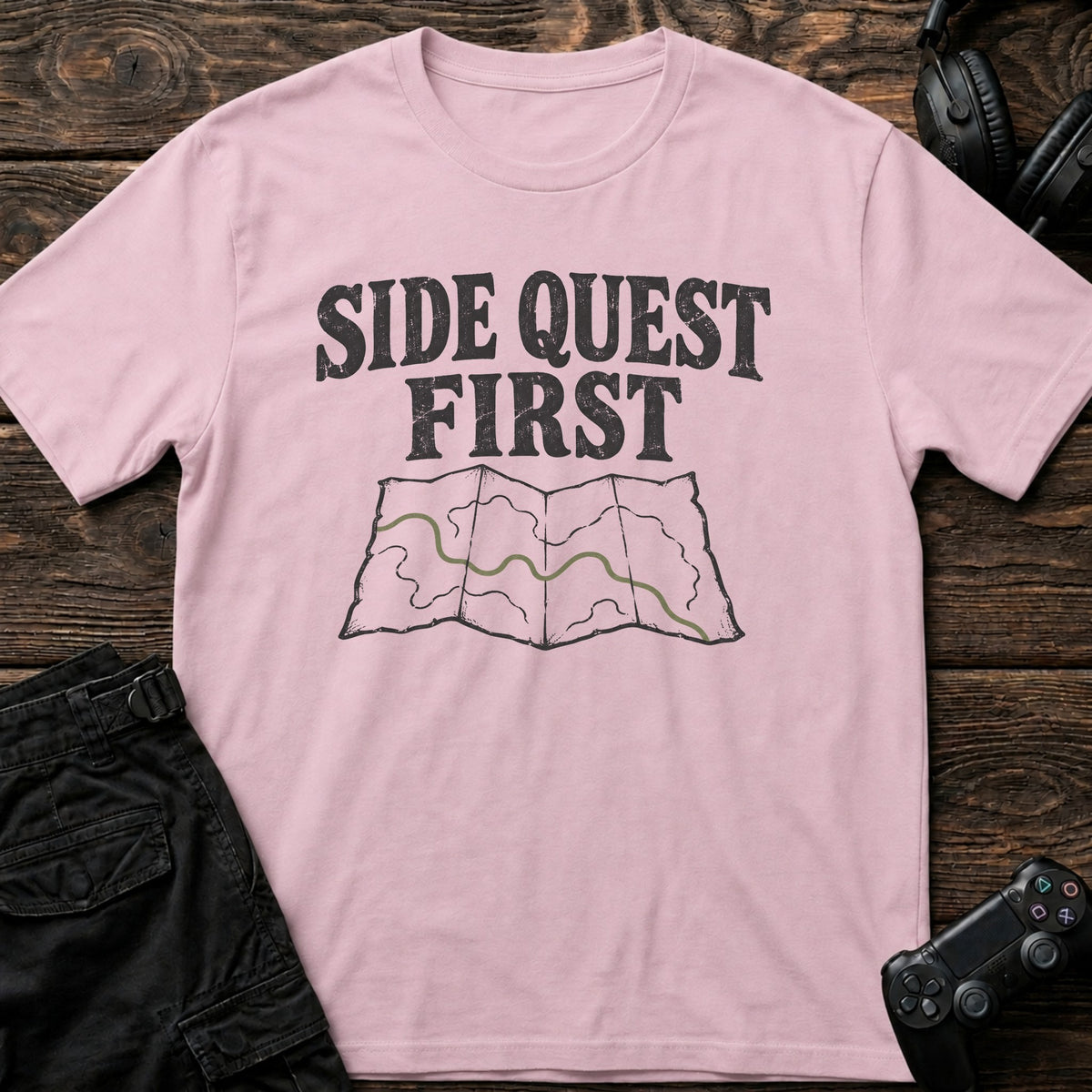 Light Pink gaming T-shirt. A marked map gives the side quest priority over everything else.
