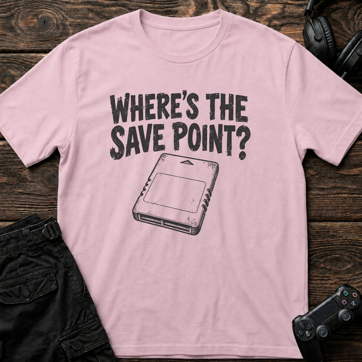 Light Pink gaming T-shirt. A vintage cartridge asks where's the save point?